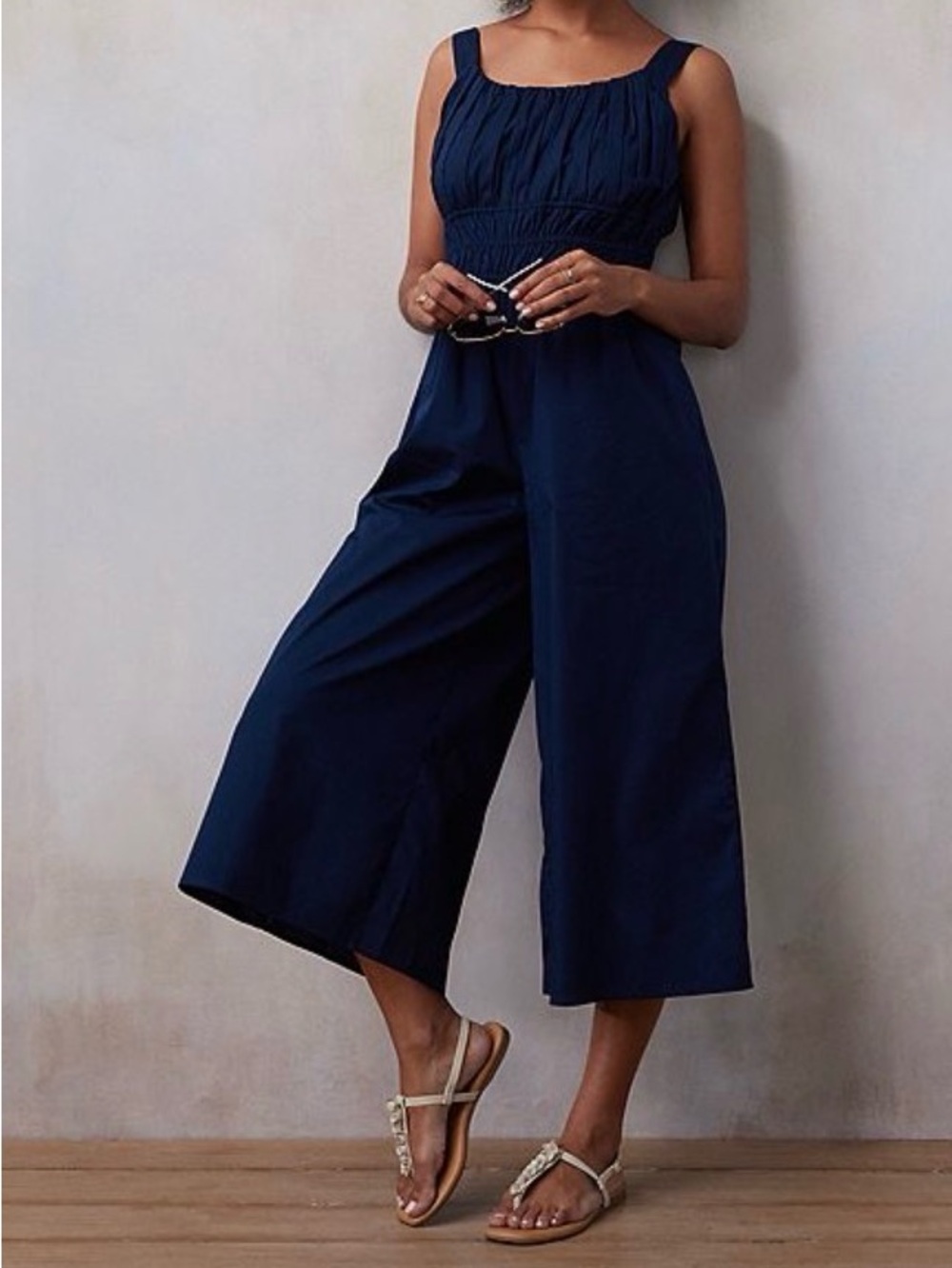 LC Lauren Conrad Navy Smocked Bodice Wide-Leg Jumpsuit